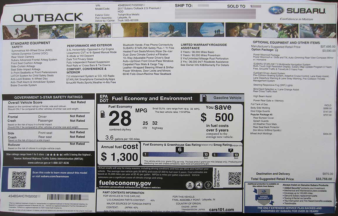 2017 Subaru Outback 2.5 Premium (HDD) with Option Package #15 and Popular Package #5 window Monroney price sticker