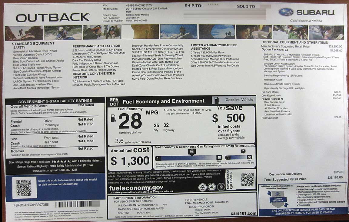 2017 Subaru Outback 2.5i Limited (HDF) with Option Package #24 and Popular Pkg #5 window price Monroney sticker