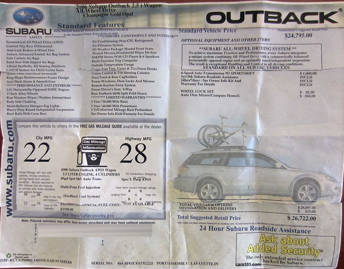 2006 Subaru Outback 2.5i base model automatic transmission features and price window Monroney price sticker