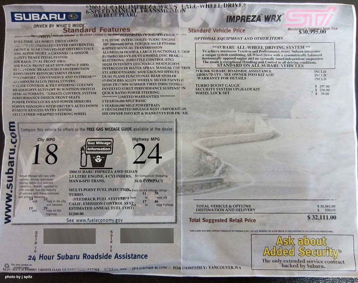 2004 SUBARU STI MONRONEY WINDOW PRICE STICKER