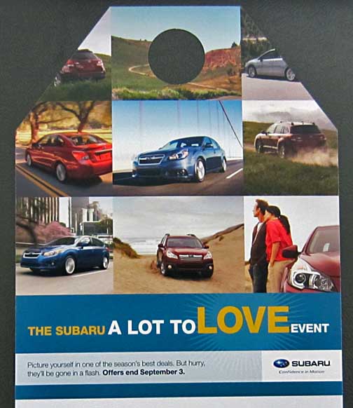 2013 subaru lot to love event mirror hang-tag