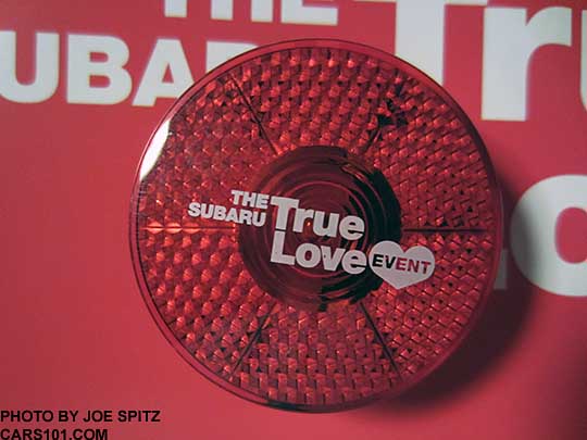 close-up of the Subaru flashing light give-away for the Subaru True Love Event, February 2015