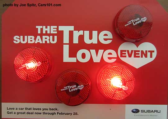 2015 Subaru True Love Event with free round flashing True Love belt clip lights, at Subaru dealers while while supplies last