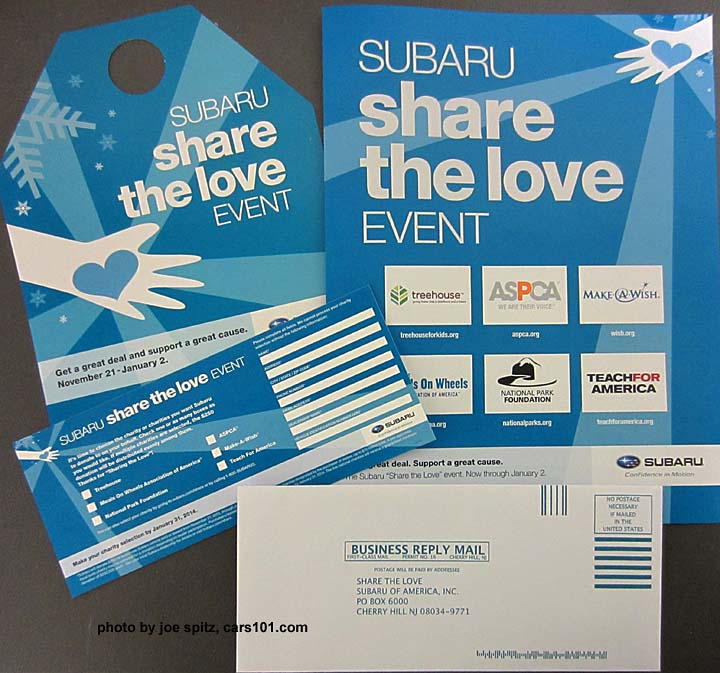 2013 subaru share the love event mirror dangler, pamphlet, and selection form with envelope