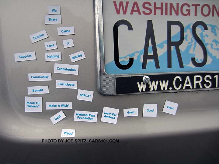 2013 Subaru Share the Love magnetic words on a 2014 Tungsten color Outback