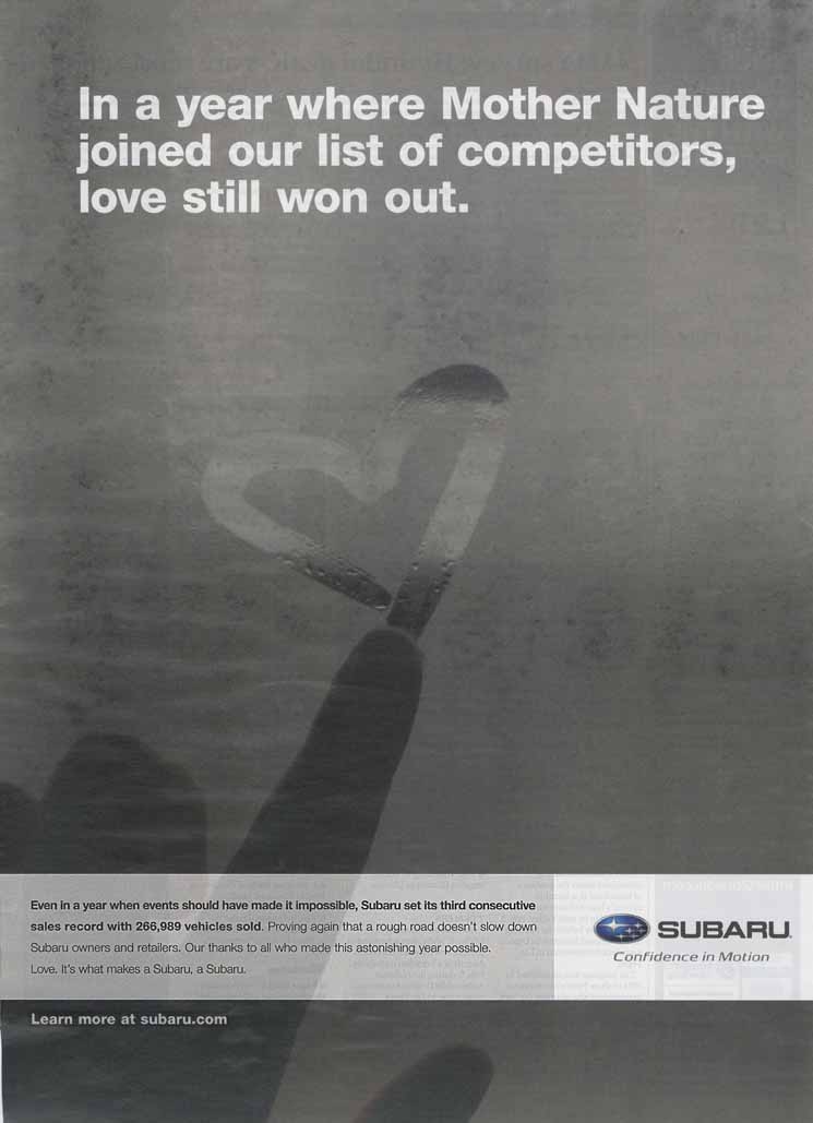 full page Subaru thank you in automotive news, February 2012