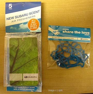give-aways for the 2010 share the love: air fresheners and animal shaped rubber bands