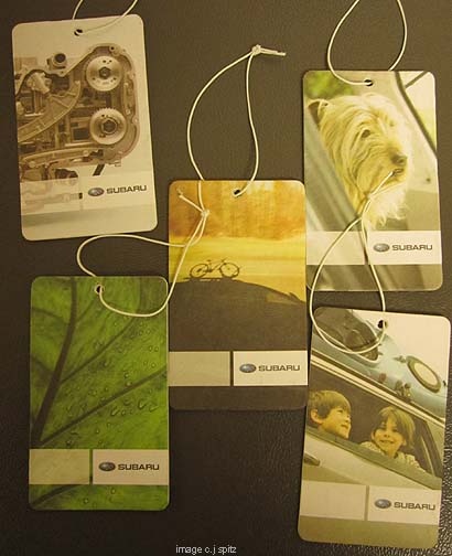 5 subaru air fresheners- part of the ad campaign for Subaru's 2010 Share the Love Event