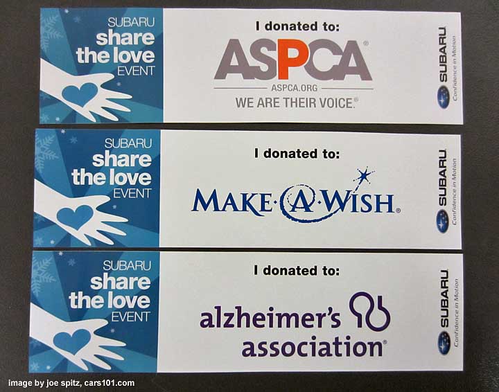 bumper stickers for the 2012 subaru share the love event, ASPCA, alzheimers association, make a wish foundation