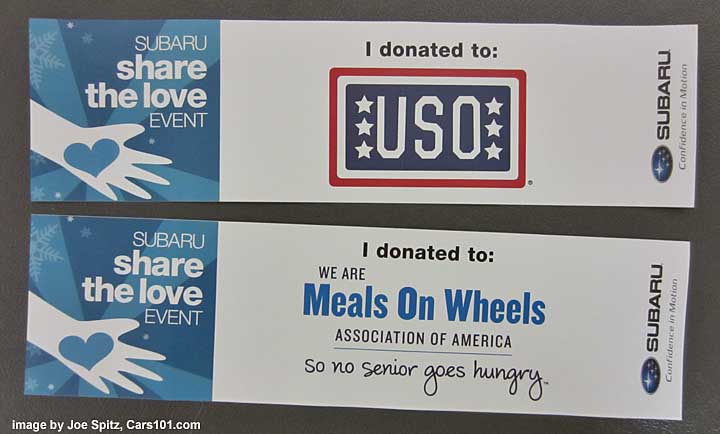 2102 subaru share the love bumper stickers for USO, meals on wheels