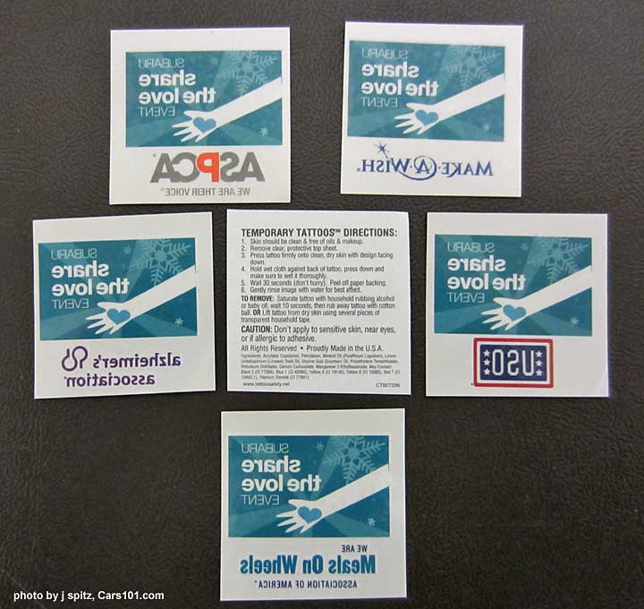 2012 subaru share the love temporary tattoos- uso, meals on wheels, aspca, uso, make a wish