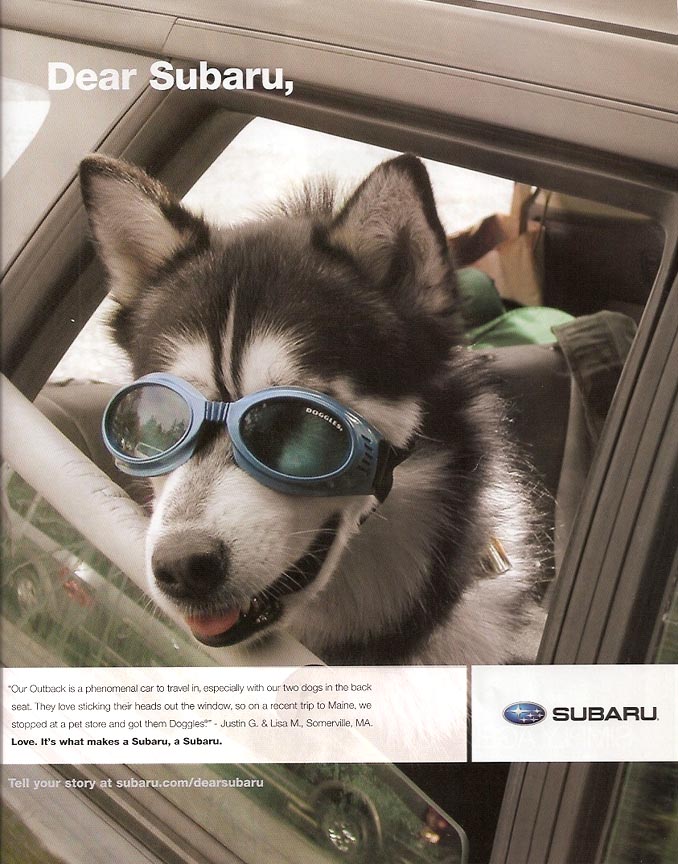 Subaru Outback magazine ad, 2011. Dogs like to stick their head out the window so we got them doggles...