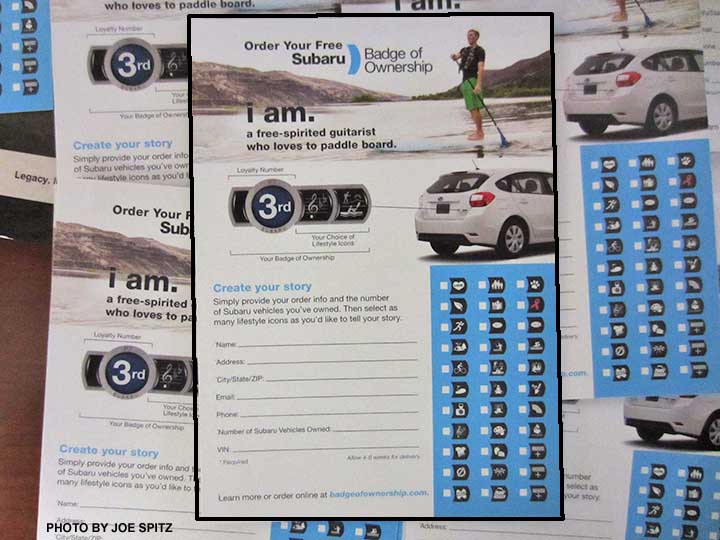 2015 Subaru Badge of Ownership countertop display mail-in information postcard