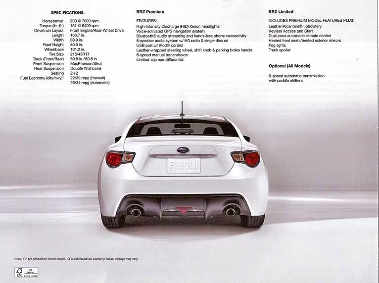 rear page of 2 page BRZ pamphlet available late February 2012
