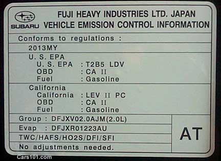 2013 subaru brz emission sticker, under the hood