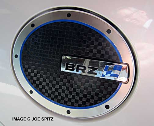 white subaru brz with optional stick-on fuel door cover