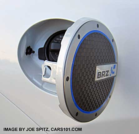 close-up of the BRZ's optional fuel door cover, white car shown
