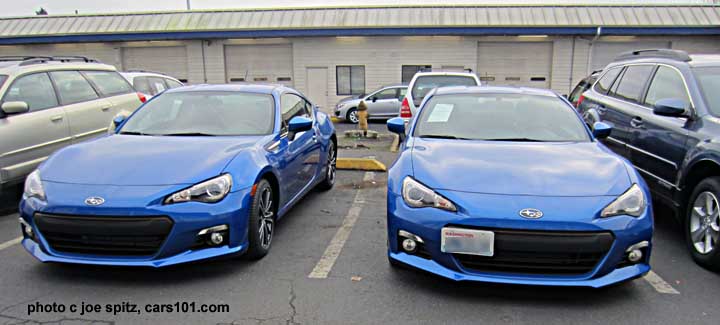 2 2013 wr blue BRZs, one with tow-hook license plate holder