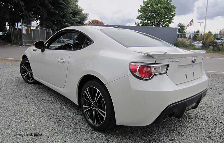 BRZ- satin white, rear view, with rear trunk spoiler
