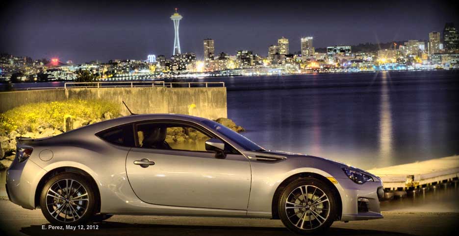 BRZ against the night time Seattle skyline. May 12, 2012