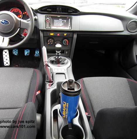 2015 Subaru BRZ Premium center console. No heated seat buttons. Shown with a Subaru to-go travel mug