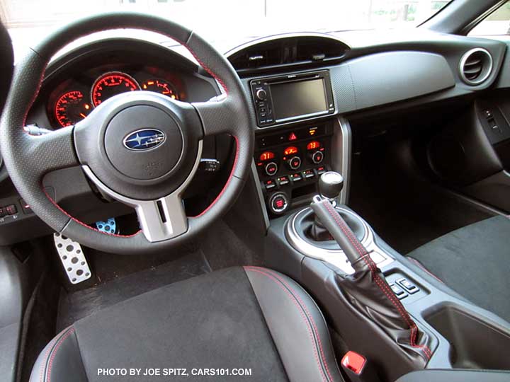 2015 Subaru BRZ Limited interior with gray leather wrapped steering wheel, black alcantara