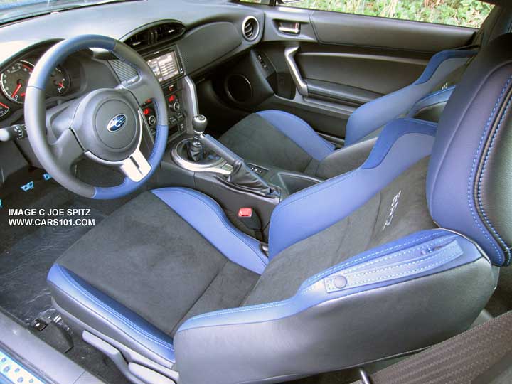 2015 BRZ series.blue interior has red pushbutton start, large pattern carbon fiber trim, blue leather bolsters, alcantara seating surface