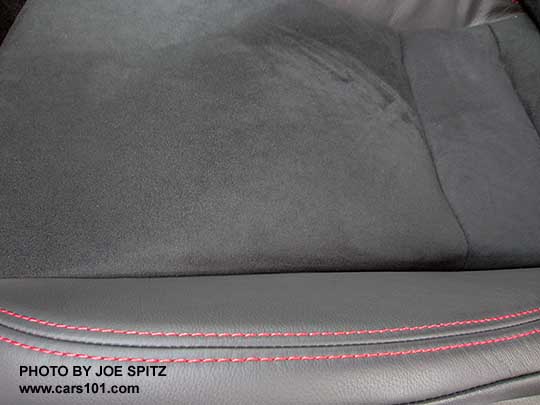 close-up of the 2015 Subaru BRZ Limited black leather and alcantara seating surfaces with red stitching