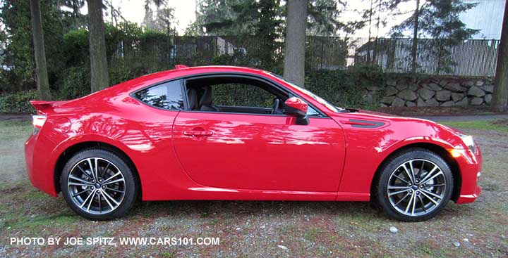 full side view 2015 Lightning Red BRZ Limited with rear spoiler