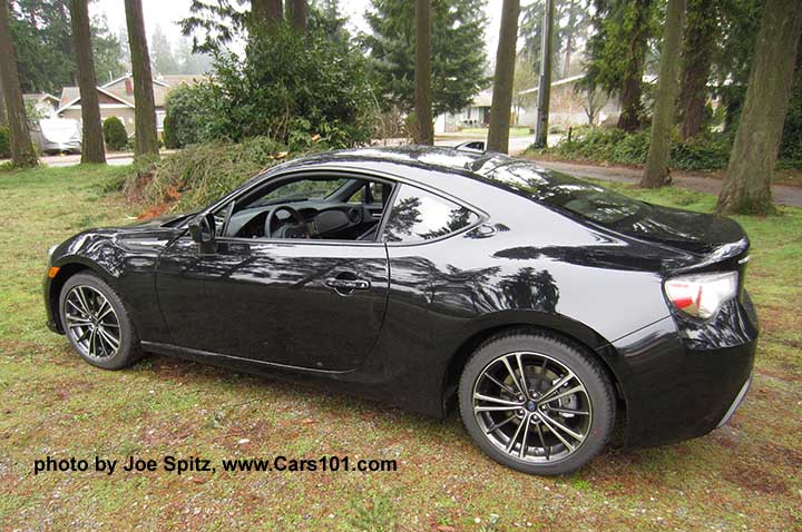 side view 2015 Subaru BRZ Premium. No rear spoiler. Black shown