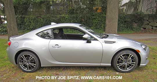 2015 Subaru BRZ side view, no rear spoiler. Ice silver shown