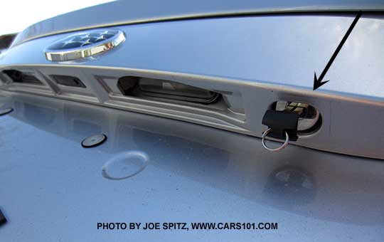 2015 Subaru BRZ trunk- dual license plate lights, open pressure point,  key unlock (see black arrow)