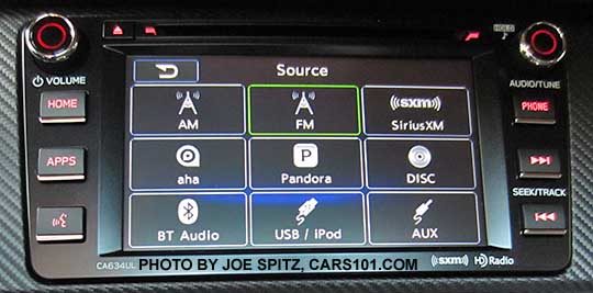 new for 2016 BRZ- 6.2" audio system. Music source screen shown