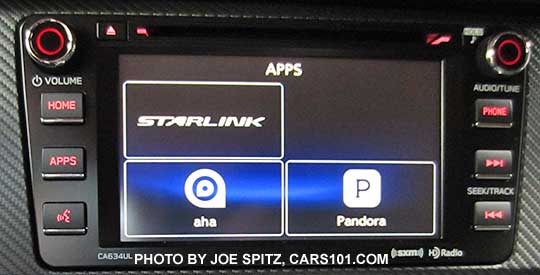 2016 BRZ- 6.2" audio system. Apps screen shown with Subaru Starlink, Pandora, Aha