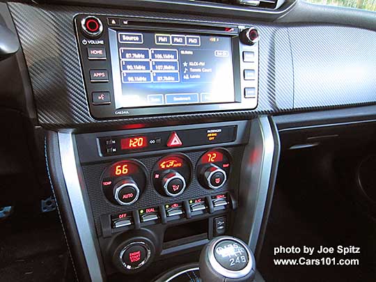 2016 BRZ Limited and Series.HyperBlue front console with new 6.2" touchscreen audio system, plus dual zone automatic climate control, pushbutton start