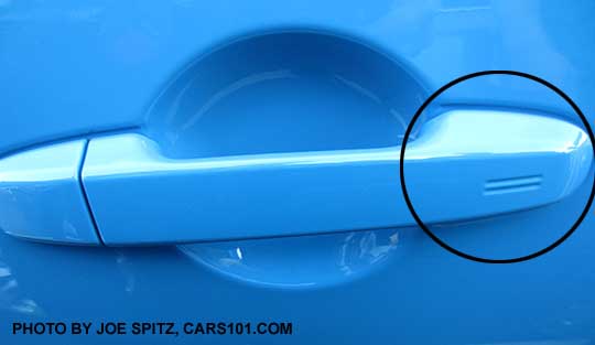 2016 BRZ Limited and Series.HyperBlue door handle with keyless entry rub-to-lock hotspot  shown circled. Passenger door shown. Hyperblue.