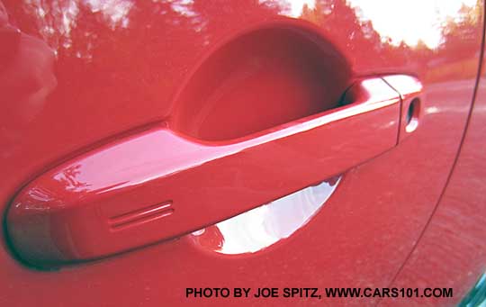 2016 pure red Subaru BRZ Limited driver's door handle with keyless access rub-to-lock hotspot and key lock
