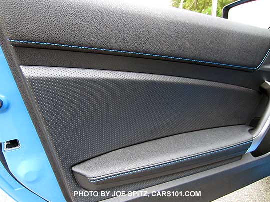 closeup of the 2016 Subaru BRZ driver's door panel. Series.HyperBlue shown with blue stitching