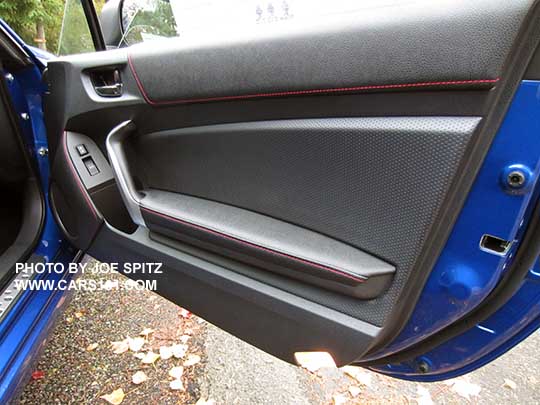 2016 Subaru BRZ Limited passenger door panel, perforated leather trim, red stitching, courtesy lights. WRBlue car shown.