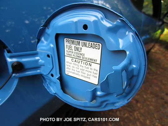 2016 Subaru BRZ gas door. Premium gas only.  HyperBlue color shown