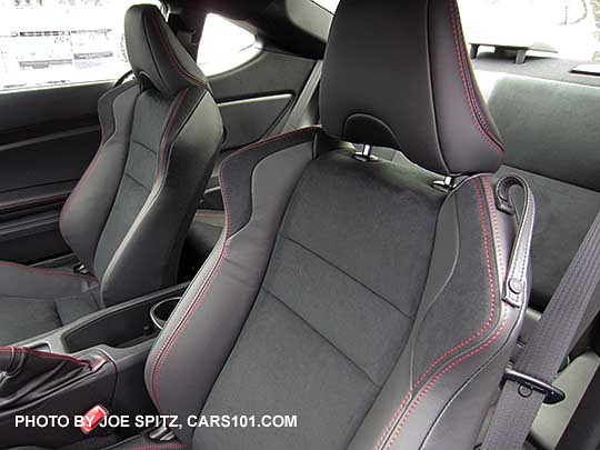 closeup of the 2016 BRZ Limited front seat back and headrest, with red stitching