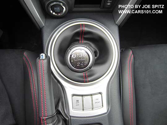 2016 BRZ manual transmission leather shift knob, red stitching shown.