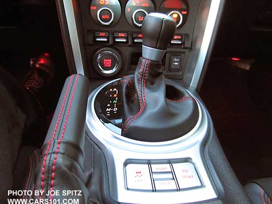 2016  Subaru BRZ Limited automatic transmission shift knob with gloss black gear indicator. Leather shift boot with red stitching.