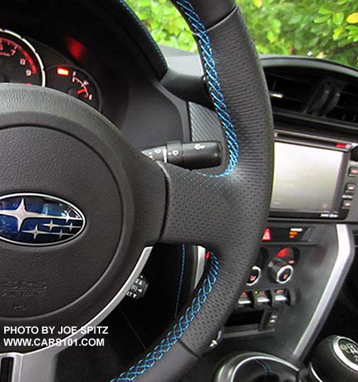 2016 BRZ Leather wrapped steering wheel with dimpled grips. Series.HyperBlue shown with blue stitching