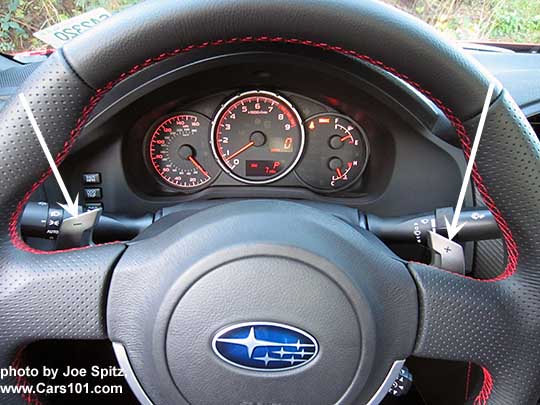 2016 Subaru BRZ Limited steering wheel with automatic transmission Paddle Shifters. Leather wrapped wheel, red stitching.