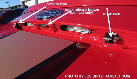 2016 Subaru BRZ trunk key lock, rear view camera, and trunk release button (Limited model only). Pure red shown.
