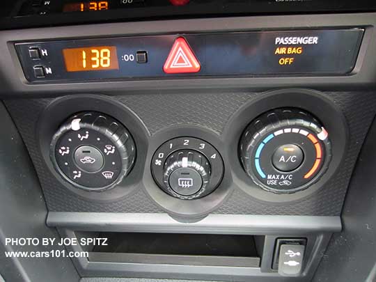2017 BRZ Premium has basic manual heat/ac controls, 4 speed fan, matte black trim