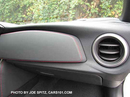 2017 Subaru BRZ Limited passenger side dash trim. padded, leatherette dash trim with red stitching, silver vent trim