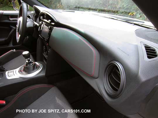 2017 Subaru BRZ Premium dash with padded leatherette trim, red stitching, gray vent trim
