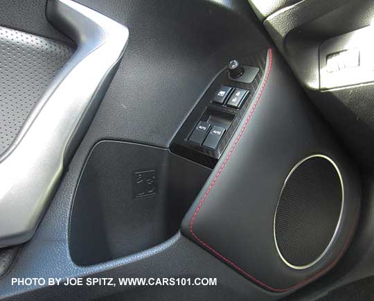 2017 Subaru BRZ Limited padded door speaker knee trim with red stitching.
